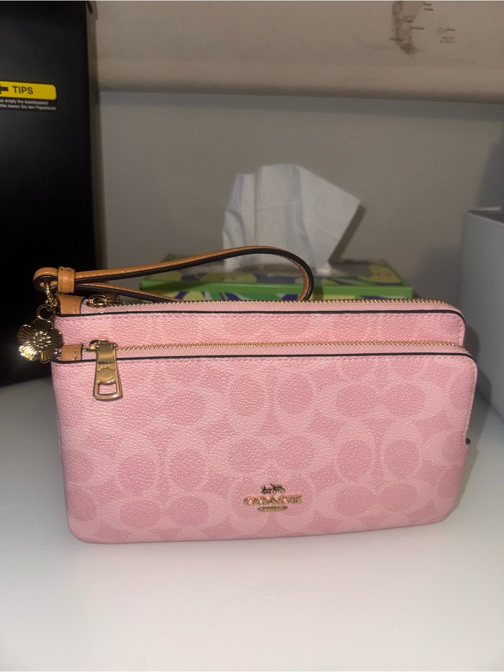Coach Powder Pink Signature Double Zip Wristlet